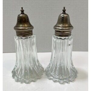 Vintage Fluted Clear Glass Salt and Pepper Shakers with Silver Plated Tops 6”